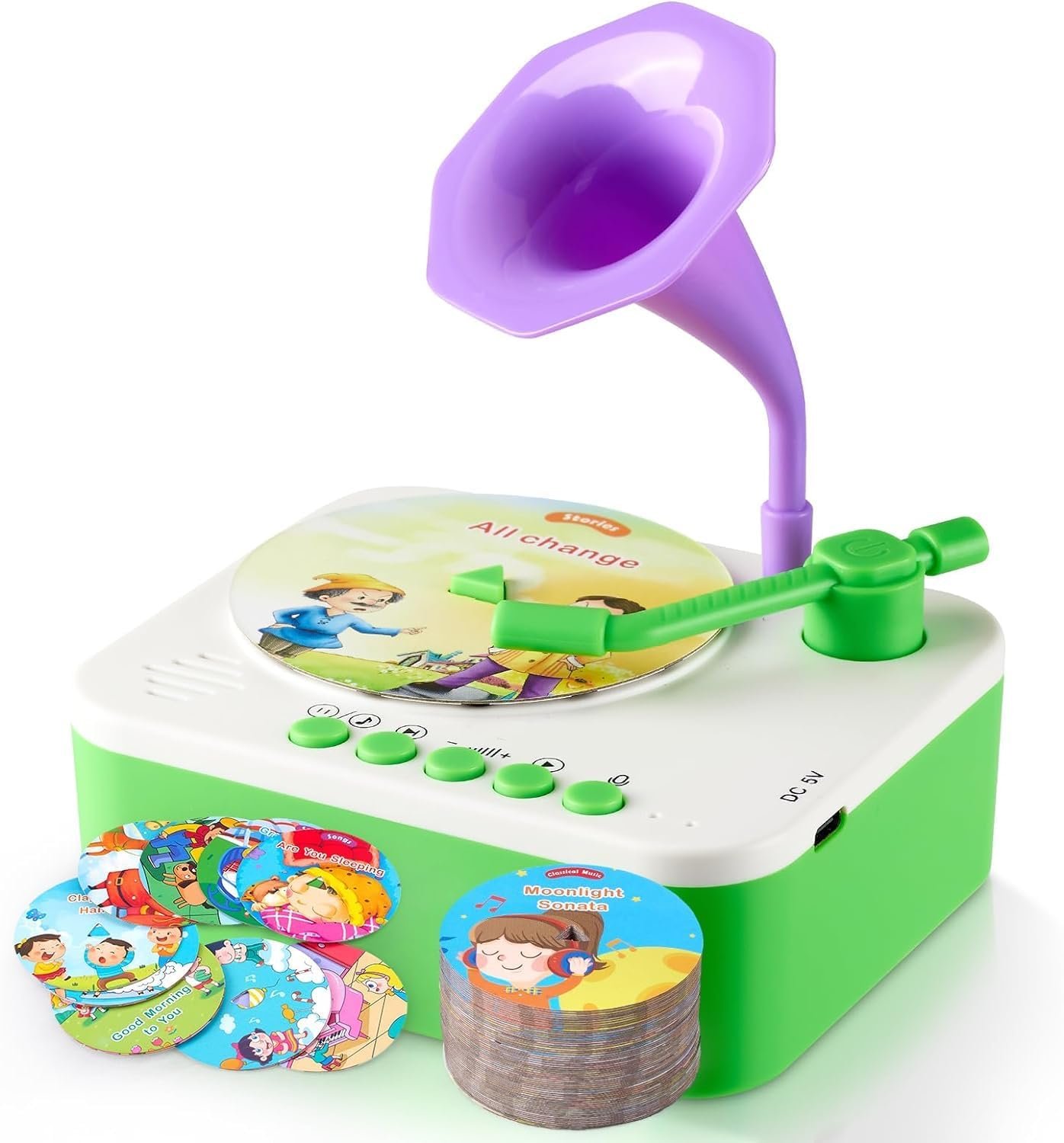 Musical Toys for Toddlers - 99 Cards Bedtime Stories Songs & Music for Kids for Screen Free Fun & Learning- Classical Gramophone for Kids 3-6 Years- Green