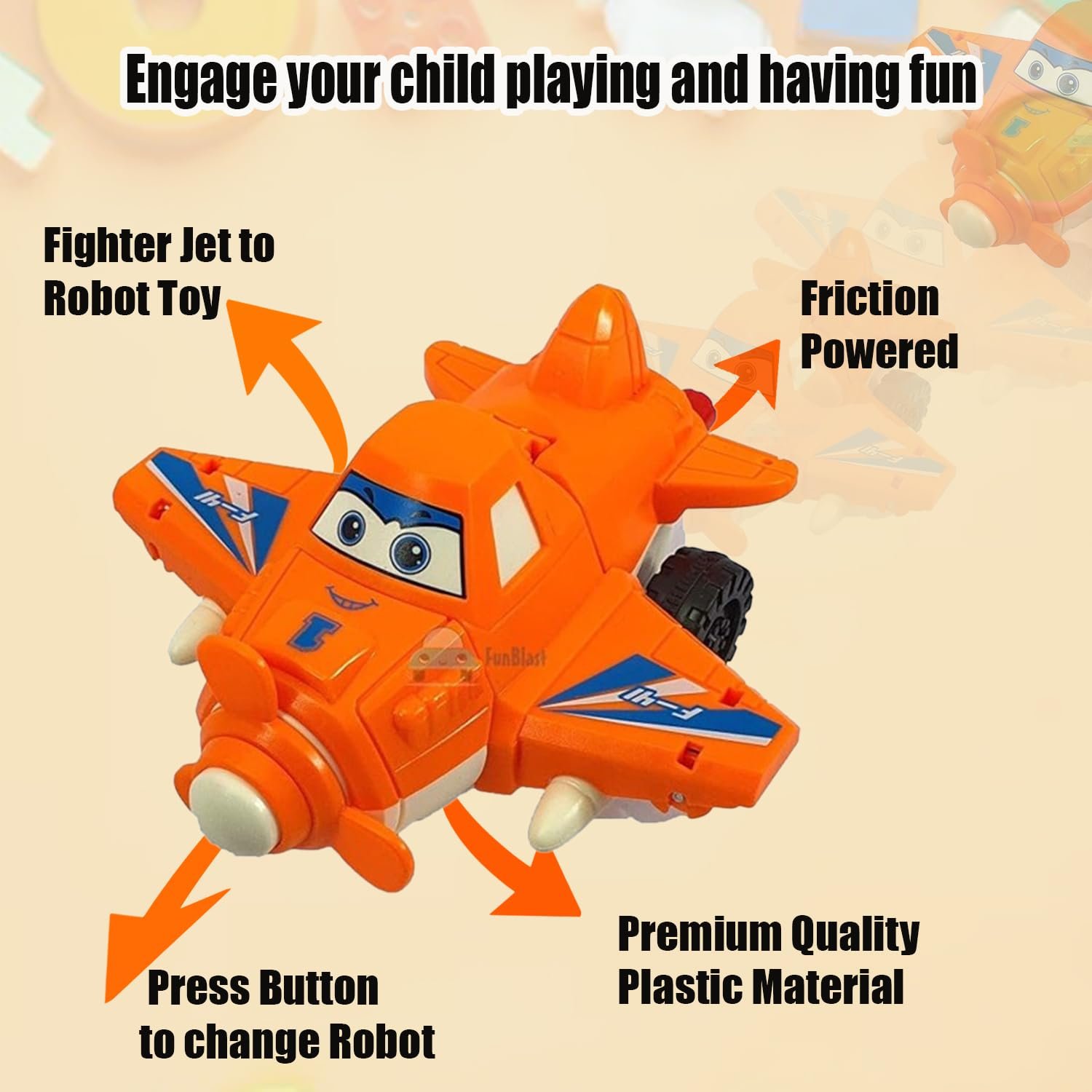 FunBlast Aeroplane to Robot Toy for Kids, Friction Power Toys - Pull Back Toy Vehicle for 3+ Year Old Boys Multicolor - 1 Unit (Airplane Orange) - Image 4