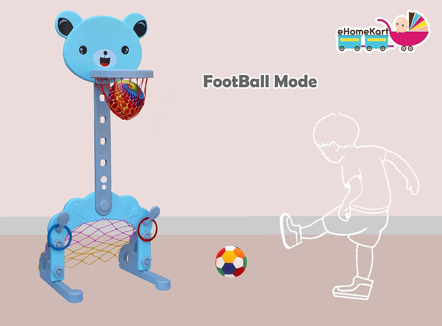eHomeKart Basketball Toy Set - 3 in 1 Multi Activity Play Centre - Basketball, Football Gate & Ring Hoopla - Age 1-5 Years, 5 Height Adjustable Settings - Perfect Toys for Indoor & Outdoor (Teddy) - Image 5