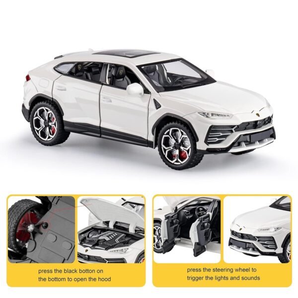 Model Car Zinc Alloy Pull Back Toy Diecast Toy Cars with Openable Doors, Sound and Light for Kids Boy Girl Gift (1:24 Lamborghini Urus-White) - Image 6