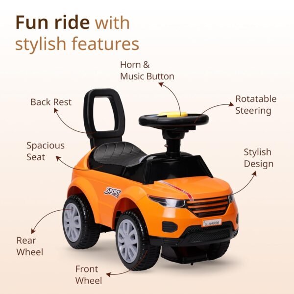LuvLap Starlight Ride on & Car for Kids with Music & Horn Steering, Push Car for Baby with Backrest, Safety Guard, Under Seat Storage & Big Wheels, Ride on for Kids 1 to 3 Years Upto 25 Kgs (Orange) - Image 3