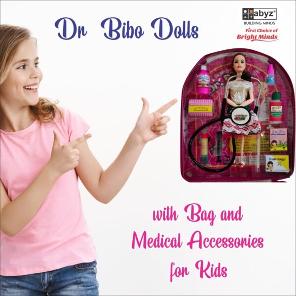 ABYZ Dr Bibo Dolls Play Set with Golden Flower Dress, Medical Accessories and Carrying Bag, Age 3-5 Years, Multicolor - Image 5