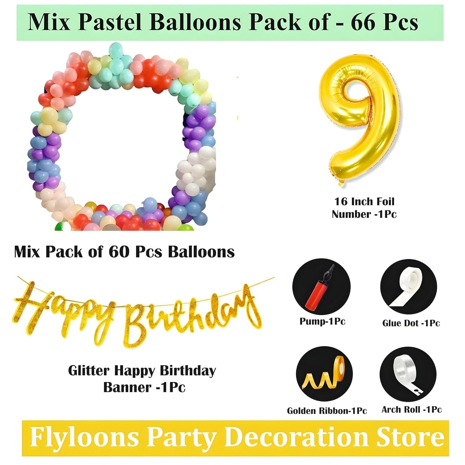 Natural Latex Balloon, Paper Banner 9th Multicolour Birthday Decoration for Boy Girl Kid Men Women|60Pcs Mix Balloons|Gold Cursive Glitter Birthday Banner|BalloonPump|ArchTape|GlueDot - Image 2