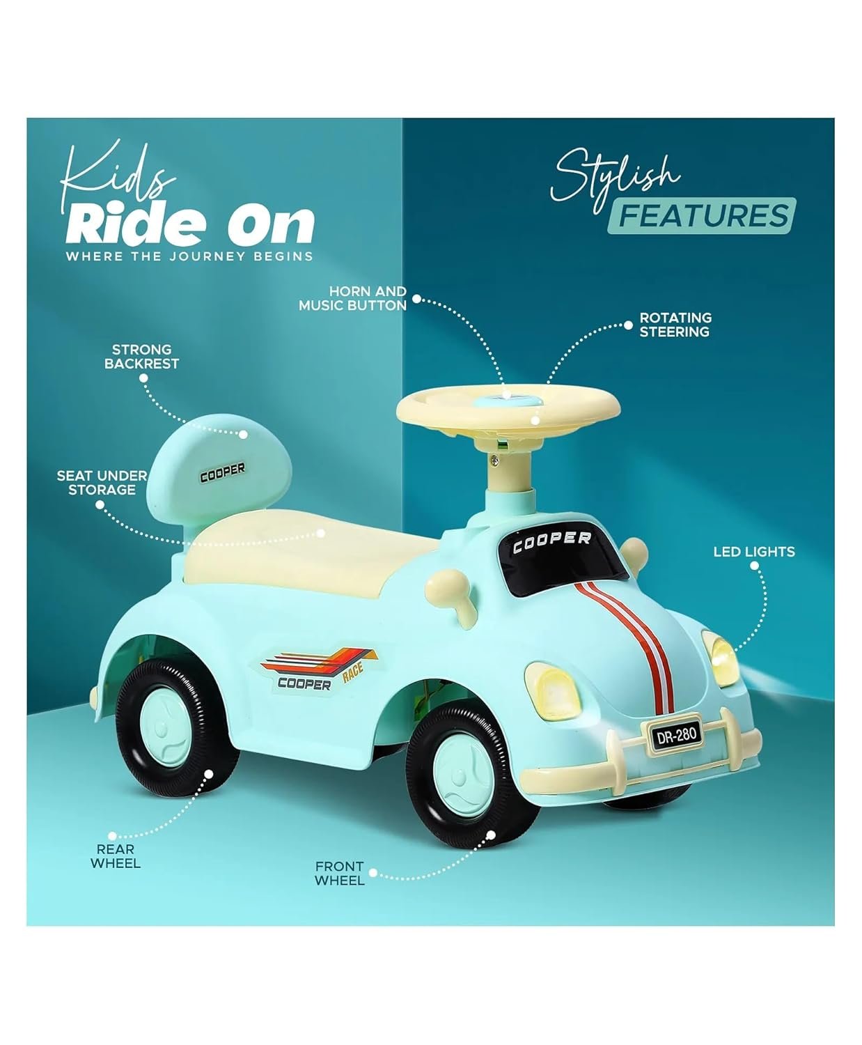 Car Ride-On for Kids with Headlights Music Under Seat Storage Big Wheels and Push Handle Ideal Ride-On for 1+ Years Kids 20kg Capacity Durable Blue Baby Toy Car Green