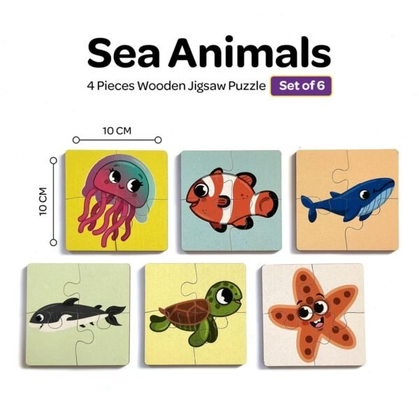 4 Piece Wooden Sea Animals Jigsaw Puzzle, Kids Toys for 2-5 Years Boy, Safe & Durable Educational Montessori Toy, Puzzles for Kids and Toys for 2+ Year Old Boy - Image 2