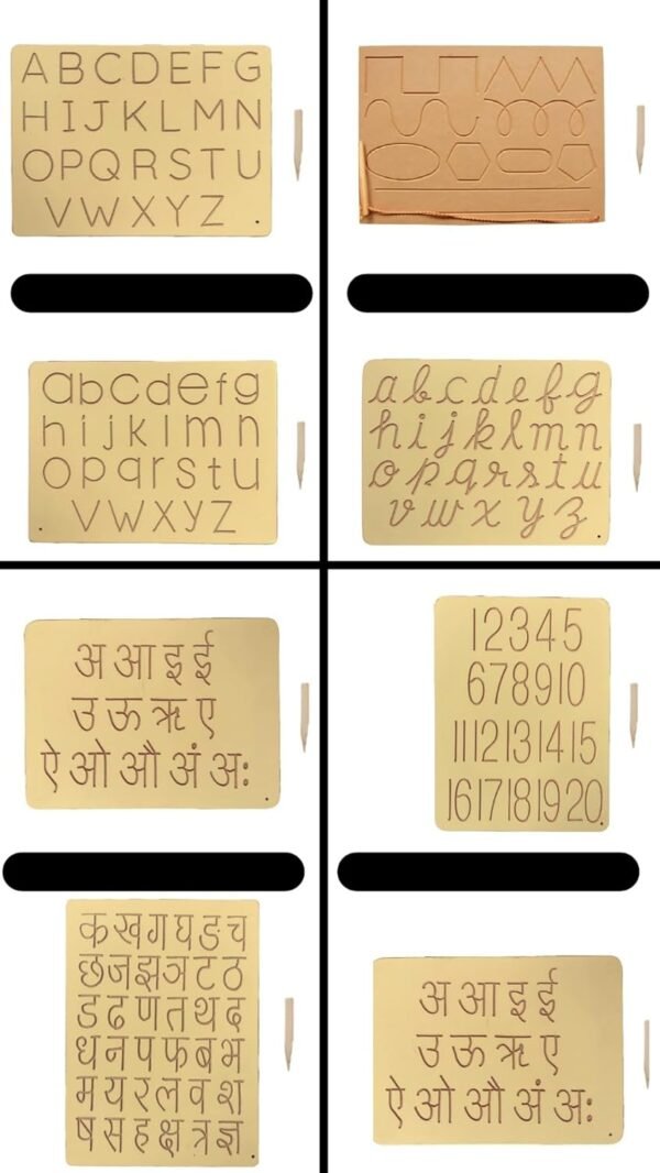 Wooden Tracing Board for Kids Reading & Writing Board with Pencil Educational Learning Toys 2 in 1 Slates for 2 Yr Kids Capital & Small, Cursive, Number, Pattern Varnamala & Hindi Ka KHA (Pack of 4)