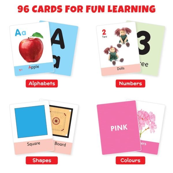 Big Flash Cards for Kids: Alphabets, Numbers, Shapes & Colours (Set of 3) | 96 Double-Sided Picture Cards | Early Learning and Development Toy for Preschoolers & Toddlers 2-6 Years - Image 2