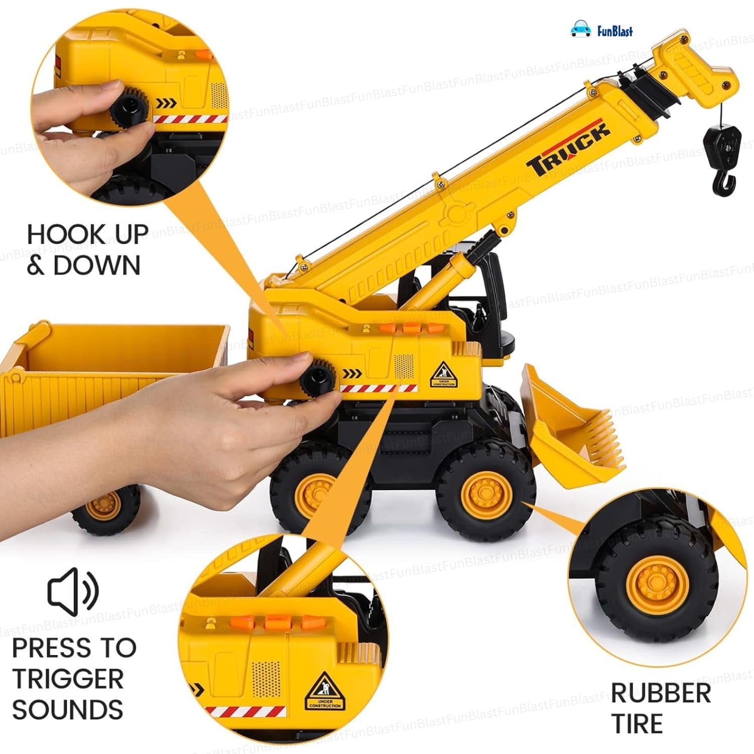 FunBlast Crane Truck Toy, Pull Back Long Vehicles Tow Crane Toy with Trolley for Kids, Friction Power Toy Trucks for 3+ Years Old Kids, Light & Sound Truck Toy for Kids, Toys for Boys (Crane) - Image 5