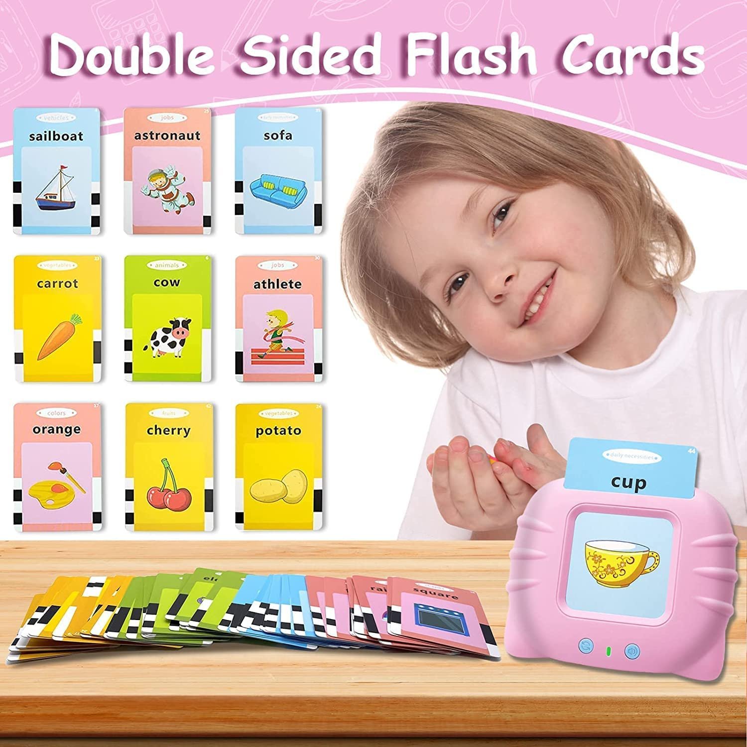 FunBlast Talking Flash Cards for Kids, Learning Toys for Kids, English Flash Cards, Montessori Educational Toys for 2-4 Year Old Boys, Girls -112 Double Sided Card (Pink) - Image 6