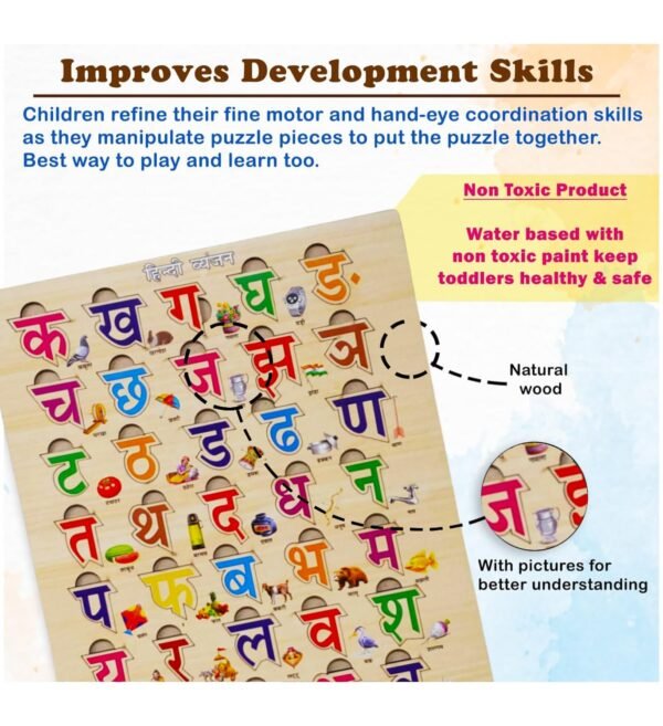 SIDAK Hindi Wooden Alphabets Educational Pegged Puzzle for Toddlers 3-5 Years Old | Hindi Varnmala Toys for Kids | Hindi Alphabets for Kids | Learning Wooden Puzzle Board for Kids (36 Pieces) - Image 3