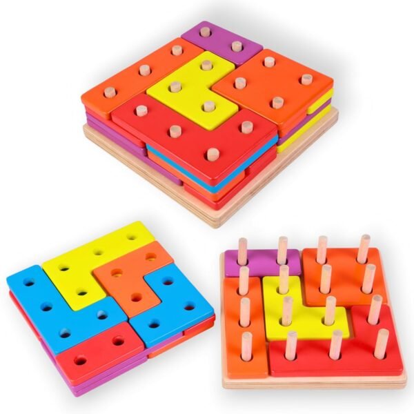 SMARTBEE Wooden Shape Sorter and Stacking Toy | Montessori Toys for Kids with 5 Geometric Shapes | Wooden Intelligence Puzzle for Kids and Toddlers for Age 1 to 3 - Image 5