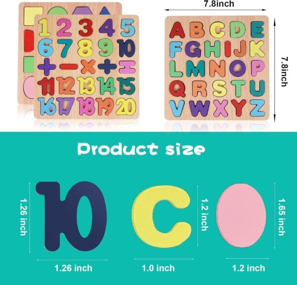 3pcs Wooden Learning Educational Board for Kids, Puzzle Toys for Toddlers & Preschoolers 2 Years Old ABCD Alphabets, Numbers & Shapes Puzzle Boy Girls Children(3pcs Alphabet,Numbers,Shape) - Image 3