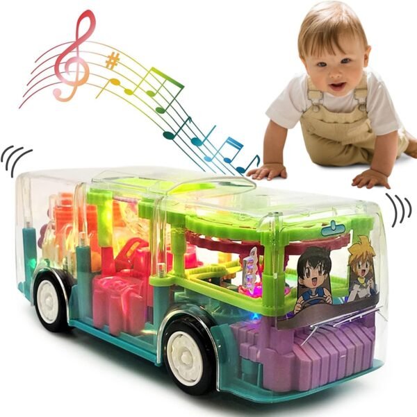 Transparent 3D Toy 360 Degree Rotation, Gear Simulation Mechanical Sound and Light Toy for 2-5 Years Boys and Girls (3D Bus)