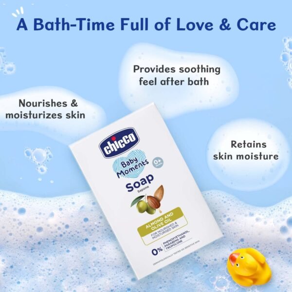 Chicco Baby Moments Bathing Soap for Babies with Almond & Olive Oil, 75g | Nourished & Moisturized Skin| Parabens & Phenoxyethanol Free | Dermatologically Tested on Sensitive Skin - Image 3