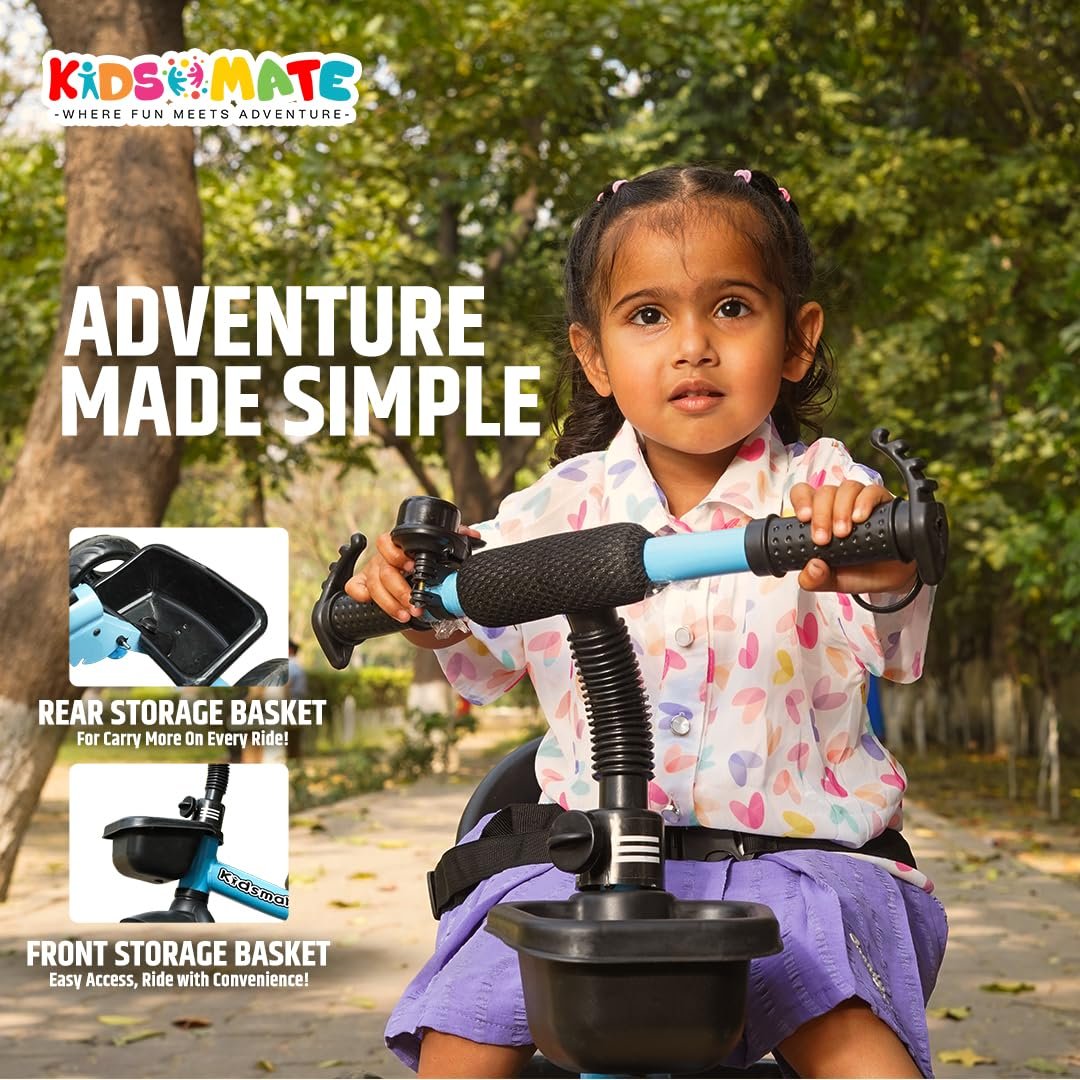 Kidsmate Foldable Tricycle for Kids | Sturdy & Durable Baby Trikes with Storage Basket, Cushion Seat & Safety Belt | Baby Tricycle for 1-4 Years Boys & Girls | Weight Capacity Upto 30kg (Blue) - Image 5