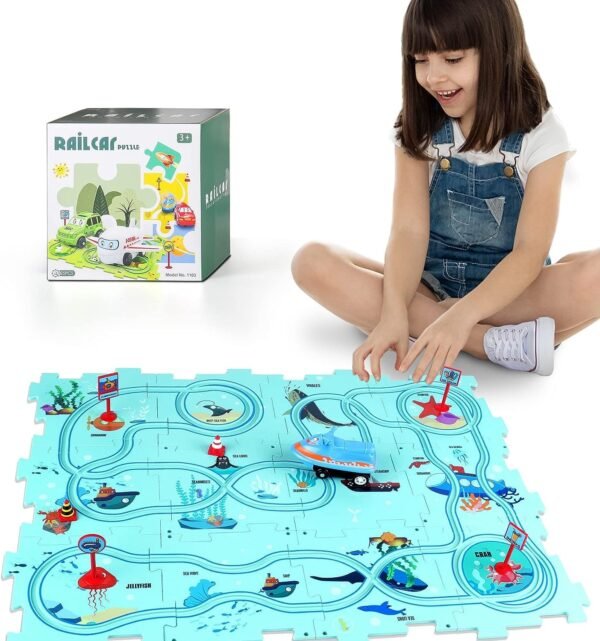 Car Puzzle Track Set for Kids with A Cute Vehicle Toddler Puzzle Track Play Set- Critical Thinking Educational Toys for 3-5 Year Old Boys Girls (Ocean 25 Pcs)