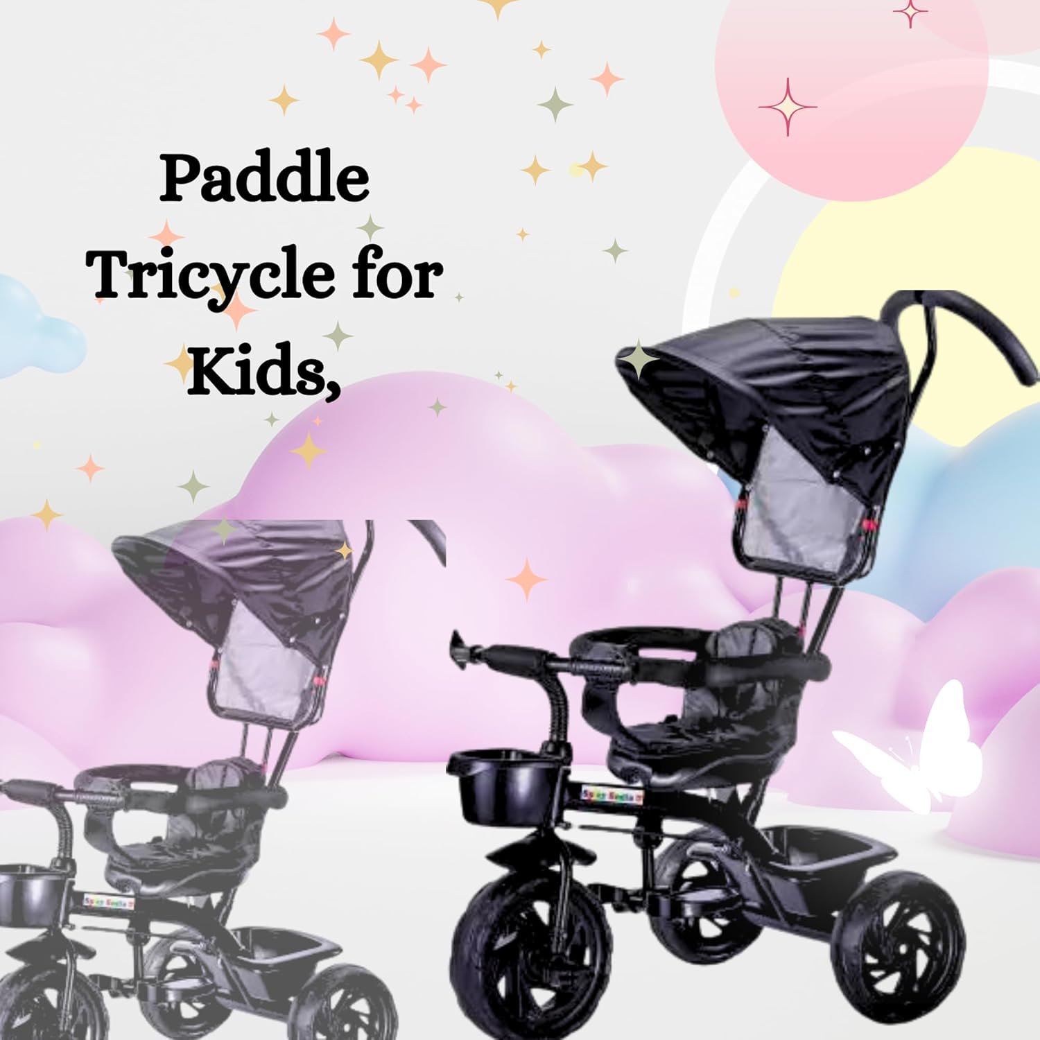 Parental Control Tricycle for Kids | Canopy Front Storage & Back Storage | Suitable for 1-3 Years Kids | Seat Capacity - 30 Kgs | Ultra Comfortable Cushion (Color - Black) - Image 3