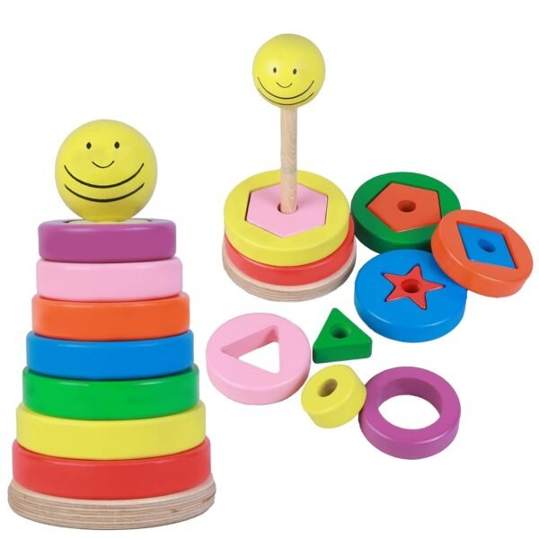 SMARTBEE Wooden Advanced Shape Rainbow Stacker | Color and Shape Sorter Toy for Kids Age 2-4 | Learning Toy & Gift for Children