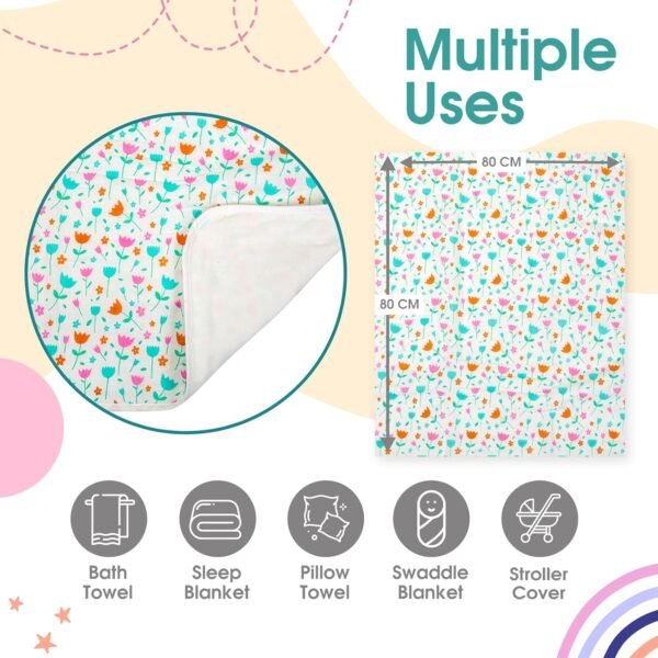Mee Mee Supremely Absorbent 100% Cotton 2 Layer Premium Soft Baby Towel for New Born | 2 Layers of Muslin & Terry | Washcloth for Kids/Toddlers/Infants/Babies | Pack of 1- Flower Print 75X100 CM - Image 5