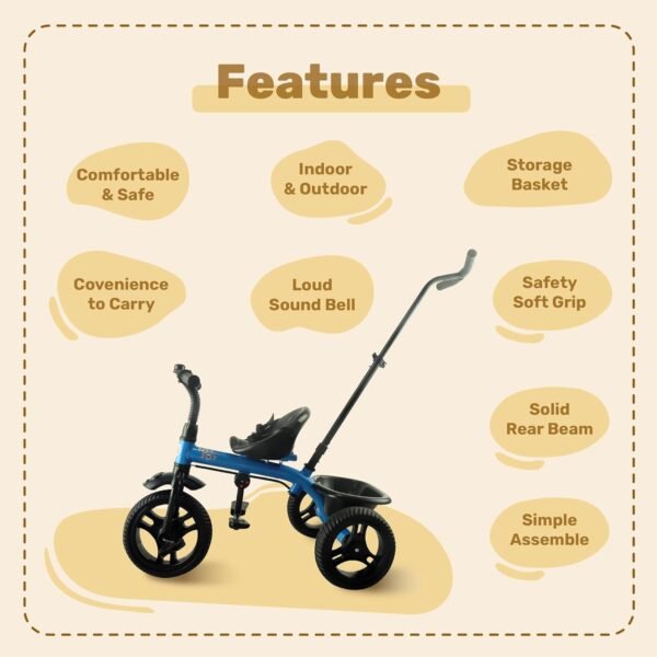 Mini Prima Tricycle for Kids | Tricycle for Kids | Cycle for Kids 1-4 Years | Baby Cycle | Bicycle for Kids with Storage Basket, Cushion Seat and Seat Belt TZ-582 (Blue) - Image 5