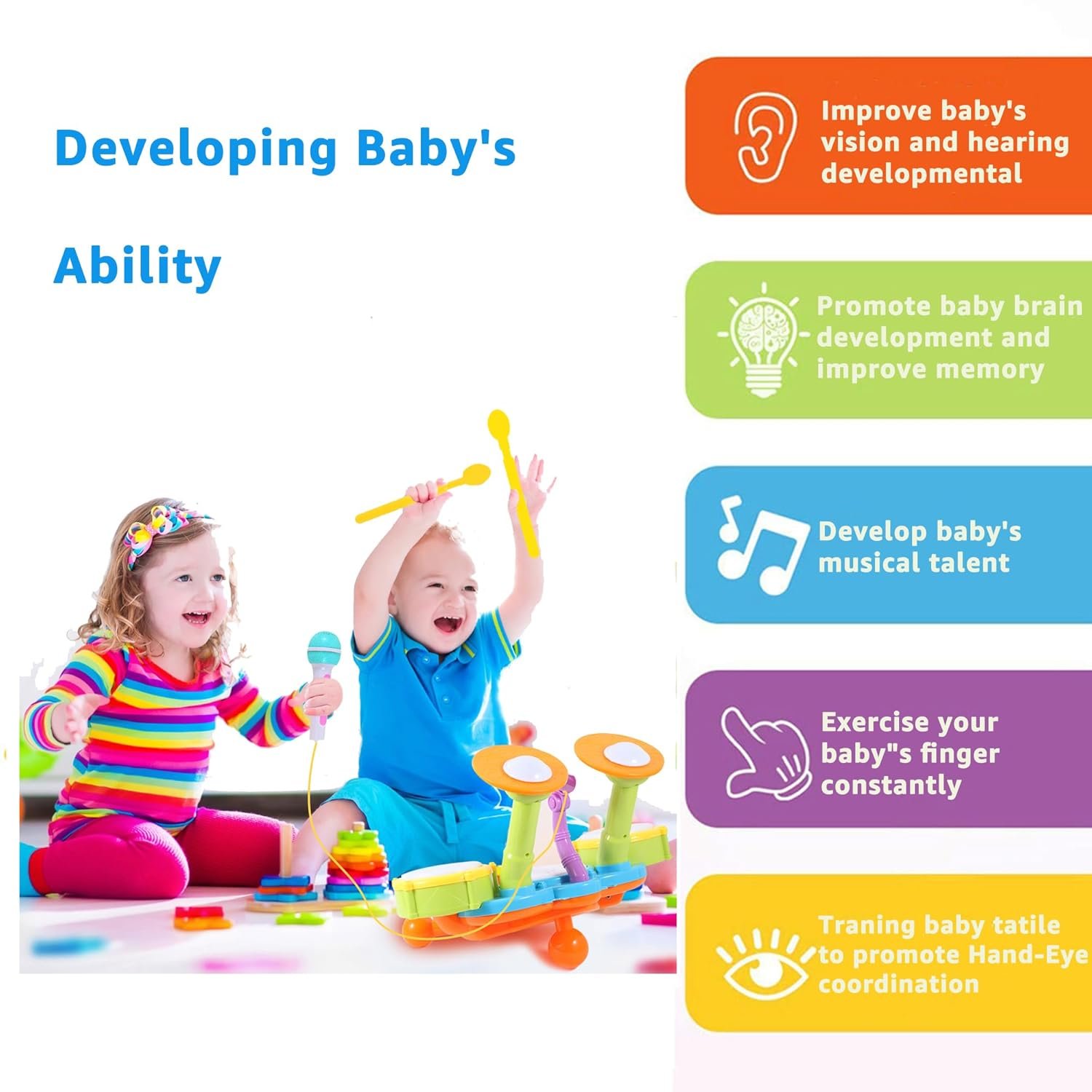 Kids Drum Kit, Toddler Drum Kit 1-3 with 2 Drumsticks, Flash Light and Adjustable Microphone, Birthday Gifts for Boys Girls 1-6 Years Old - Image 4
