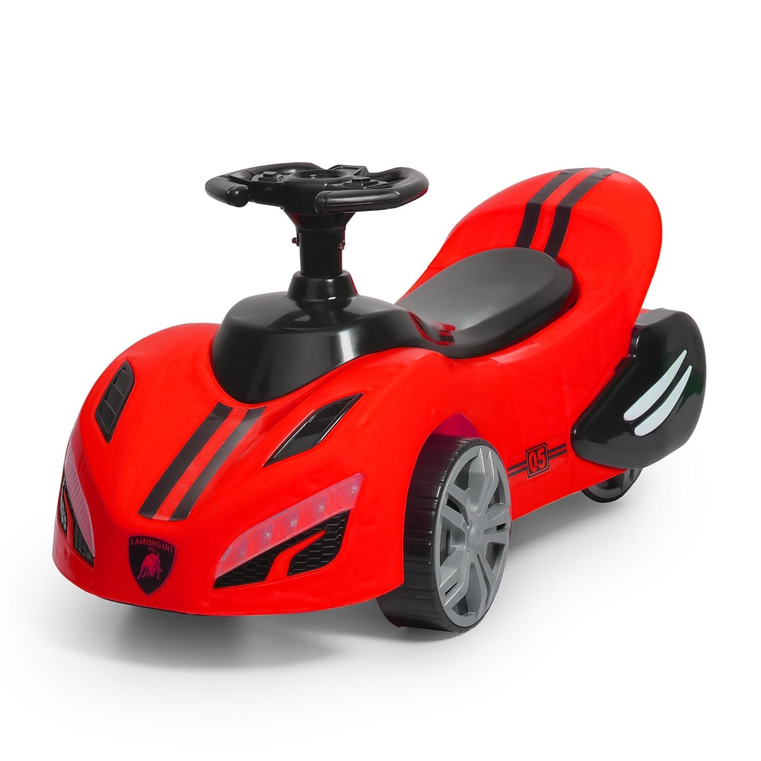 MLU Kids Ride-On Sports Car, Red and Black, Racing Style with Steering Wheel, LED Lights and Musics (1-4 Years) Red