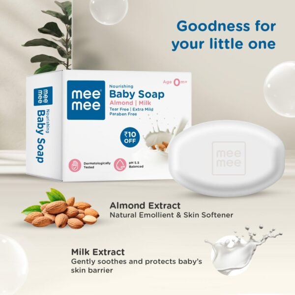 Mee Mee Gentle Baby Soap 75g (Pack of 3) | Gentle Bathing Bar Infused with Chamomile, Olive, Almond Oil, and Milk Extracts | Dermatologist Tested for Soft Baby Skin | Tear-Free Formula | Paraben Free - Image 5