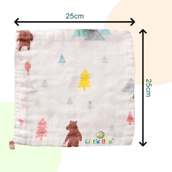 Little Boo Muslin 6 Layer Cotton Face Towels for Newborn Baby Extra Soft Hankies Reusable Napkins for Infants Toddlers/Kids (Pack of 5) White Printed. - Image 6