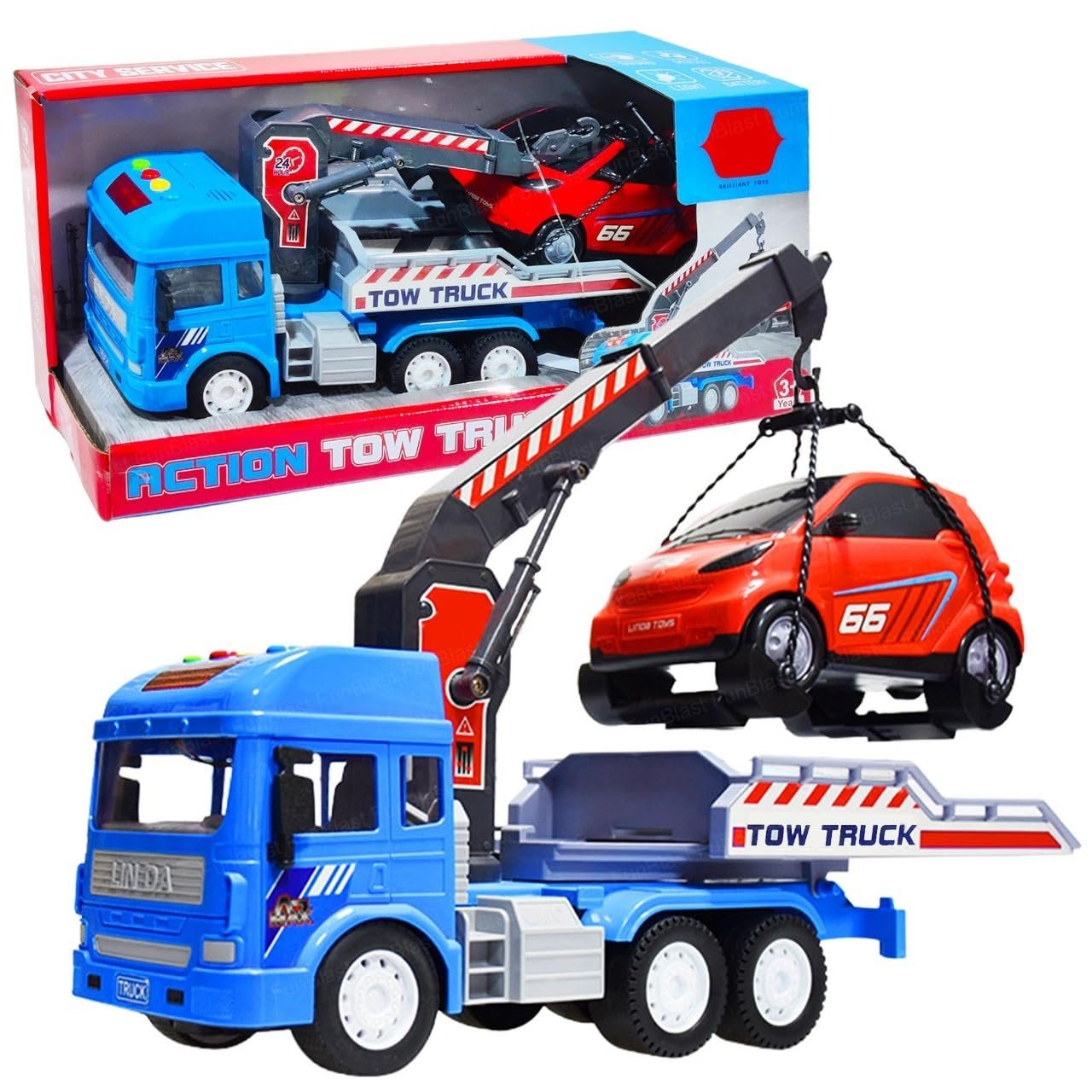 FunBlast Towing Crane Toy for Kids, Friction Power Toy Trucks with Crane and Car for 3+ Years Old Boys and Girls, Light & Sound Truck Toy for Kids with Car (Multicolor)