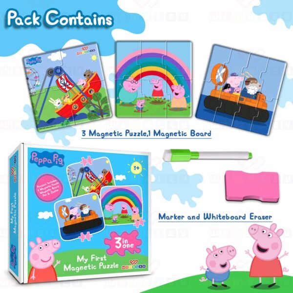 Wembley Peppa Pig - 3 in 1 Jigsaw Magnetic Puzzle for Kids 3+ Years Educational Fun Learning DIY Creative Activity Set Dot-to-Dot Sketching Includes 3 Puzzles, 1 Board, Sketch Pen & Duster - Image 5