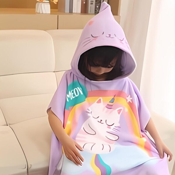 Purple Cat Poncho Towel for Kids | Hooded Bath Towels | 60 x 60cm Toddler Pool Towel for Boys & Girls, 1-7 Years | Cute & Cozy Bathrobe Alternative - Image 5