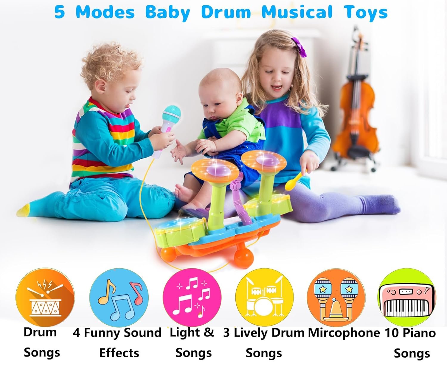 Kids Drum Kit, Toddler Drum Kit 1-3 with 2 Drumsticks, Flash Light and Adjustable Microphone, Birthday Gifts for Boys Girls 1-6 Years Old - Image 3