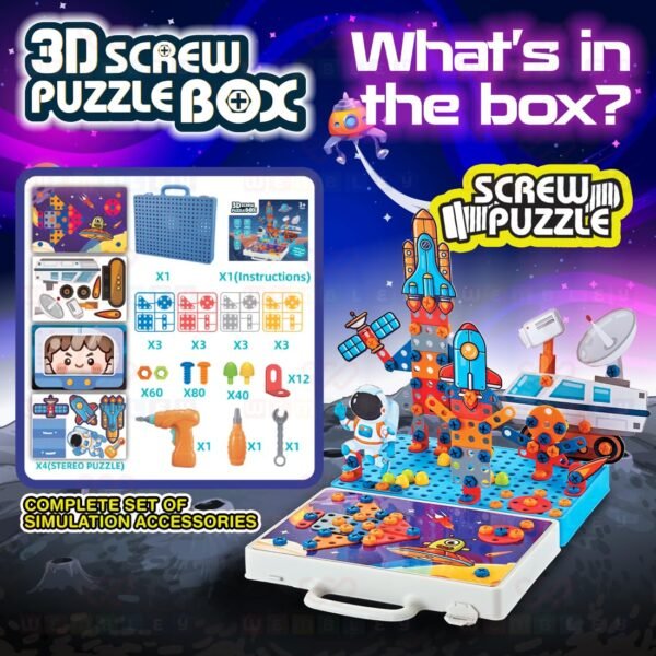 Wembley 4 in 1 Toy Drill Screw Tool Set for Kids 3 4 5 6 7+ 3D Puzzle Box STEM Learning DIY Building Block Kit Creativity Educational Construction Promotes Motor Skills - Space Theme - Image 2