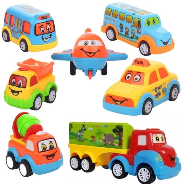 Famous Quality Plastic Unbreakable Friction Powered and Pull Back Automobile Car Plane Truck Taxi Toys for Kids - Set of 7 Pc