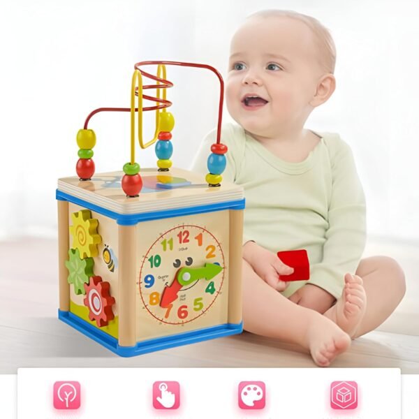 5 in 1 Montessori Themed Activity Cube for Kids 1-4 Years (Beads Maze + Colourfull Clock + Gear Wheels + Shape sorter + Routing Insects) - Image 2