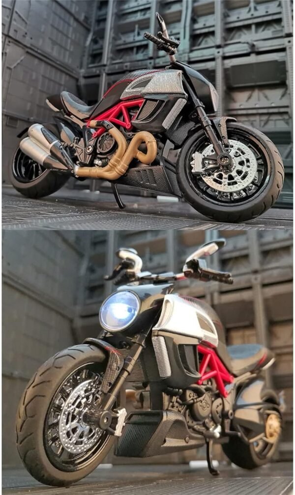 Police Motorcycle Toy - Pull Back Motorcycle Toys, Tiny Gift with Music Lighting, Latte Motorcycles Toy for Kids Boys Age 3-8 Year Old [New] (1.12 Ducati Diavel Carbon-RED/Black) - Image 3