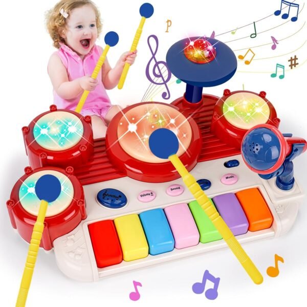Riderev 2 in 1 Musical Toys for Toddlers 1-3 Piano Keyboard & Drum Music Instruments Learning Toddler Toys Age 1-2 Sensory Developmental Baby Toys 12 18 Months First Birthday Gifts for 1 2 Year