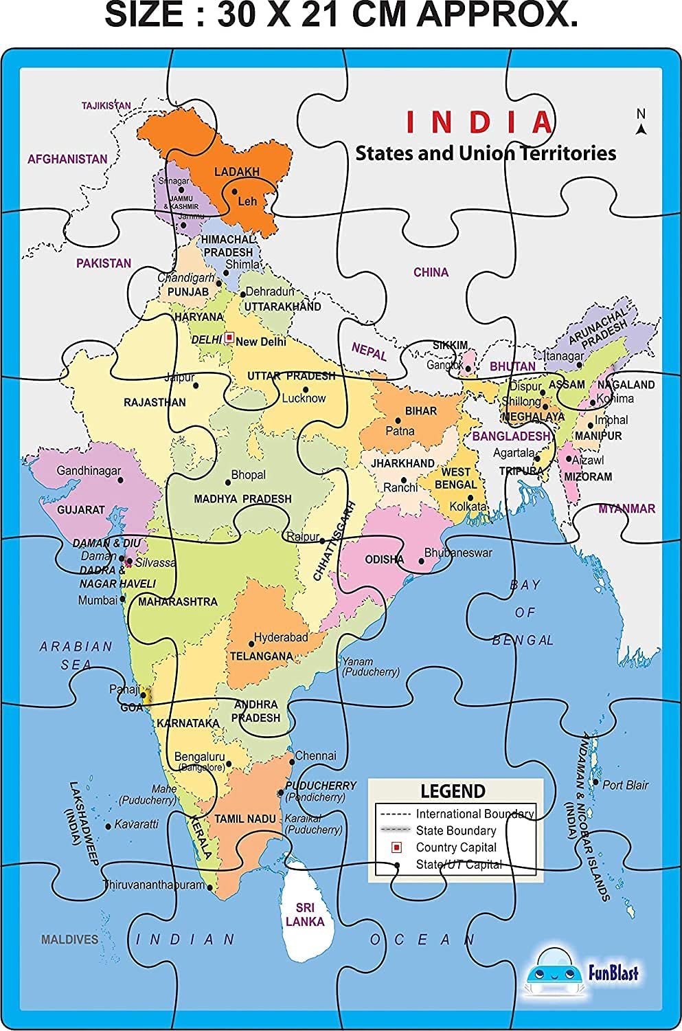 FunBlast India Map Jigsaw Puzzle - Educational and Learning Toy for Boys and Girls, Floor Puzzle for Kids of Age 3-5 Years - 24 Pcs (Multicolor) - Image 3