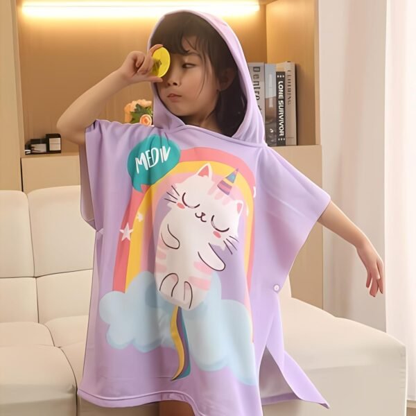 Purple Cat Poncho Towel for Kids | Hooded Bath Towels | 60 x 60cm Toddler Pool Towel for Boys & Girls, 1-7 Years | Cute & Cozy Bathrobe Alternative - Image 3