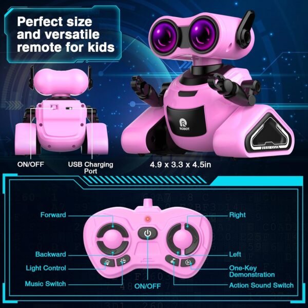 Yerloa Girls Robot Toys with 3D Stickers for 3-5, Baby Easter Toys Remote Control Robot Toy for Kids with Music and 4 Color LED Eyes, Singing, Dancing, Birthday for Boys Girls Aged 3 4 5 6 7 Year Old - Image 6