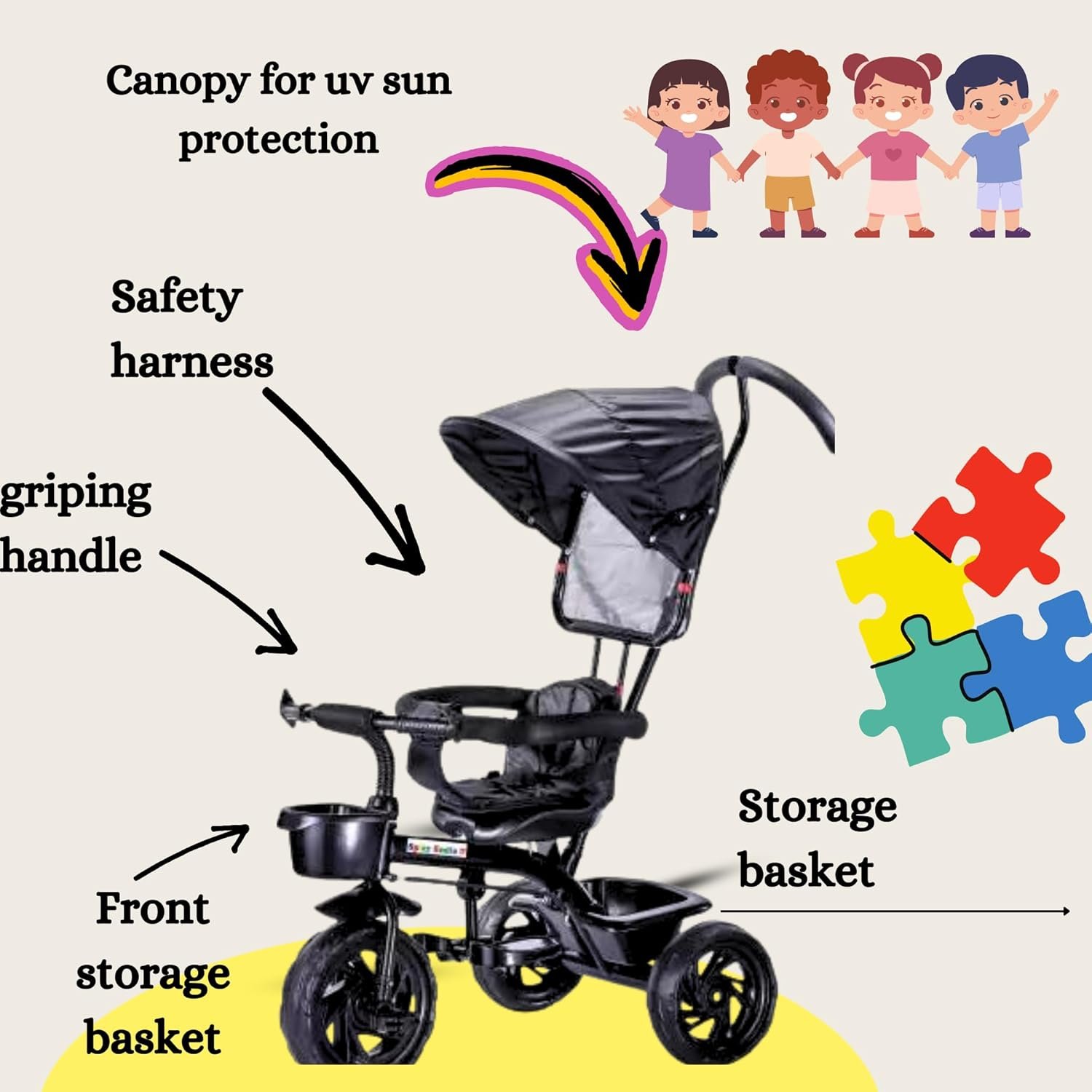 Parental Control Tricycle for Kids | Canopy Front Storage & Back Storage | Suitable for 1-3 Years Kids | Seat Capacity - 30 Kgs | Ultra Comfortable Cushion (Color - Black) - Image 5