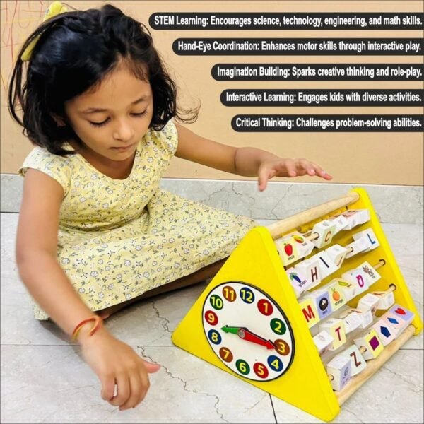 5 in 1 Activity Triangle Center Cube | Alphabet Blocks Abacus Clock Writing | Counting Beads Assembly Toys for Kids Montessori Learning Toy for 1-5 Year Old Kids (Activity Triangle Game) - Image 5
