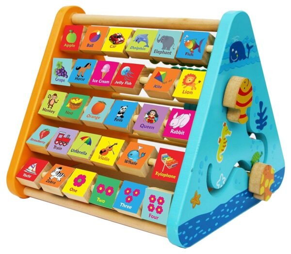 5 in 1 Wooden Activity Triangle Center Cube Alphabet, Blocks, Abacus, Clock, Writing Counting Beads Toys for Babies Montessori Learning Toy for 1-5 Year Old Kids