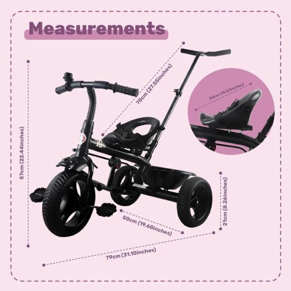Mini Prima Tricycle for Kids | Tricycle for Kids | Cycle for Kids 1-4 Years | Baby Cycle | Bicycle for Kids with Storage Basket, Cushion Seat and Seat Belt TZ-582 (Black) - Image 2