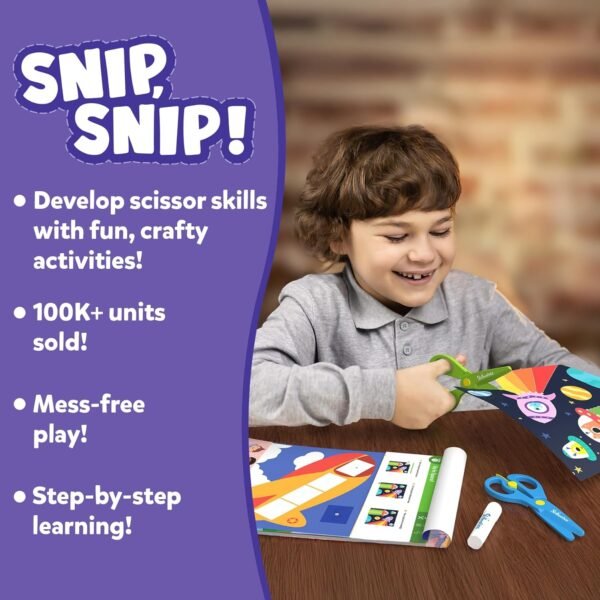 Skillmatics Scissor Skills Activity Book - Snip, Snip, Art & Craft Kit for Kids, 2 Child-Safe Scissors, 25 Fun Activities, Gifts for Girls & Boys Ages 3, 4, 5, 6, 7, Multicolour, Paper - Image 2