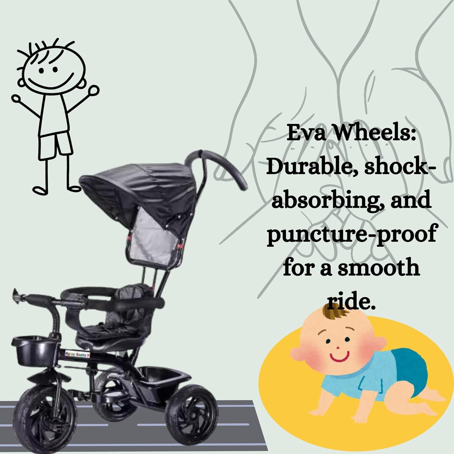 Parental Control Tricycle for Kids | Canopy Front Storage & Back Storage | Suitable for 1-3 Years Kids | Seat Capacity - 30 Kgs | Ultra Comfortable Cushion (Color - Black) - Image 4
