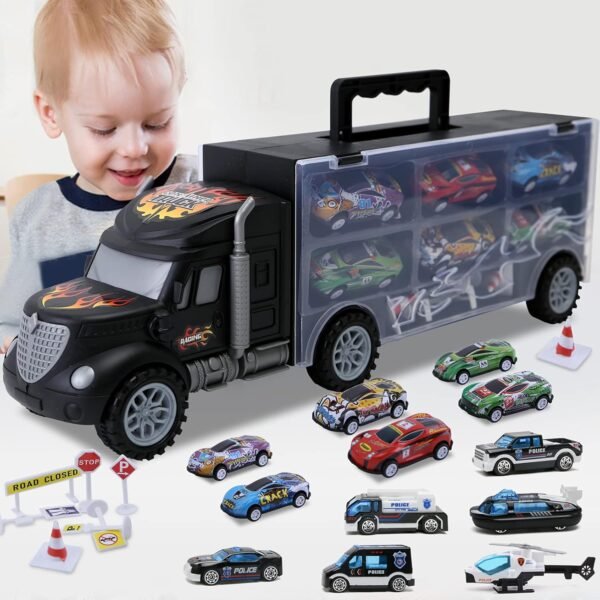 Toddler Toys For 3-4 Year Old Boys,Transport Cars Carrier Set Truck Toys With 20 Die-Cast Vehicles Truck Toys Cars,Ideal Gift Toys For Kids Age 3-7, Black