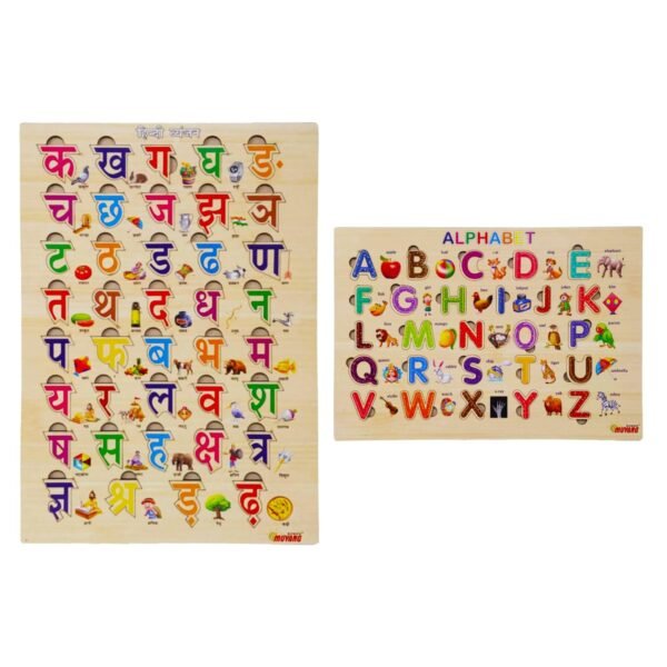 SIDAK Combo Hindi & English Wooden Alphabets 39 Hindi 26 English Alphabets Educational Pegged Puzzle for Toddlers 3-5 Years Old Preschool Kids Game for Learning Alphabets for Kids