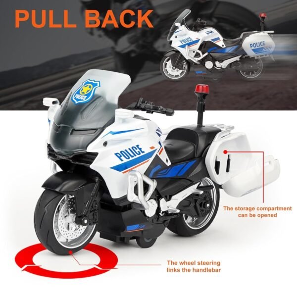 Police Motorcycle Toy - Pull Back Motorcycle Toys, Tiny Gift with Music Lighting, Latte Motorcycles Toy for Kids Boys Age 3-8 Year Old [Multicolor] (Police Bike-White) - Image 5