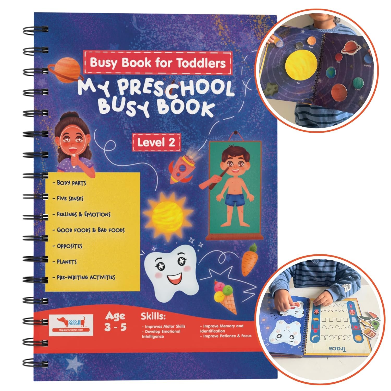 CocoMoco Kids My Preschool Busy Book For Toddlers Level 2 With Body Parts,Planets,Opposites,Emotions | Quiet Book For Kids Learning Toys For 3-5 Year Olds | Montessori Learning (Pack Of 5),Multicolor - Image 3